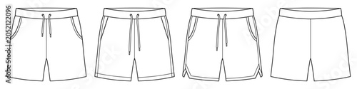 flat sketch set of mens athletic gym shorts with side slit and drawstring on transparent background. vector CAD mockup template.
