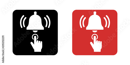 Foto Fire alarm call point icon with ringing bell and hand press symbol