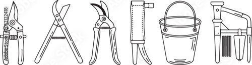 Fotografie Set of gardening tools and equipment for plant care and maintenance isolated on transparent background thin line art style icon