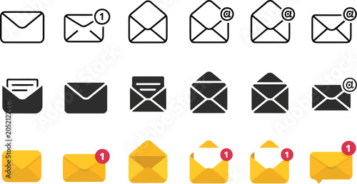 Message icon vector illustration featuring open, closed, and notification envelopes in multiple modern styles.