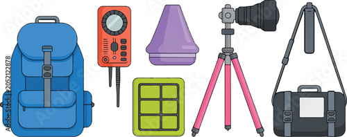 Set of professional photography gear and travel equipment including camera tripod backpack lighting and storage bags for shoots.