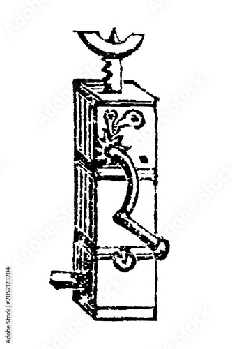 Konstfotografi Vertical mechanical jack with ornate base and crescent-shaped lifting mechanism, old vintage illustration, 1897