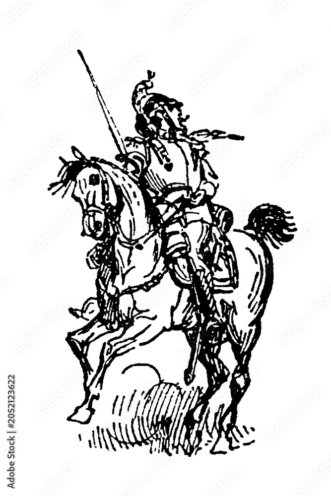 Fototapeta premium Cuirassier (end of 19th century) in full armor on a rearing horse, old vintage illustration, 1897.