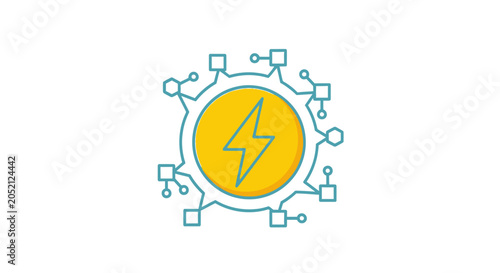 A Circular Logo With A Yellow Background And A Blue Lightning Bolt In The