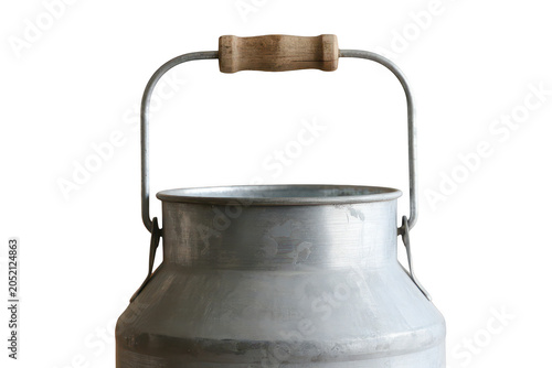 A vintage galvanized metal milk can with a wooden handle and a sturdy wire bail isolated on a solid black background, for rustic decor