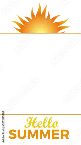 Orange sun rising with hello summer text banner