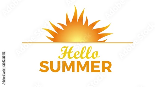 Orange sun rising with hello summer text banner