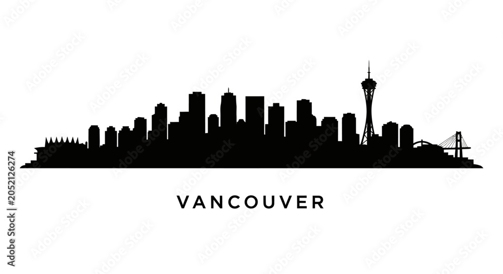 Obraz premium Vancouver Cityscape Silhouette, Black and White Vector Illustration