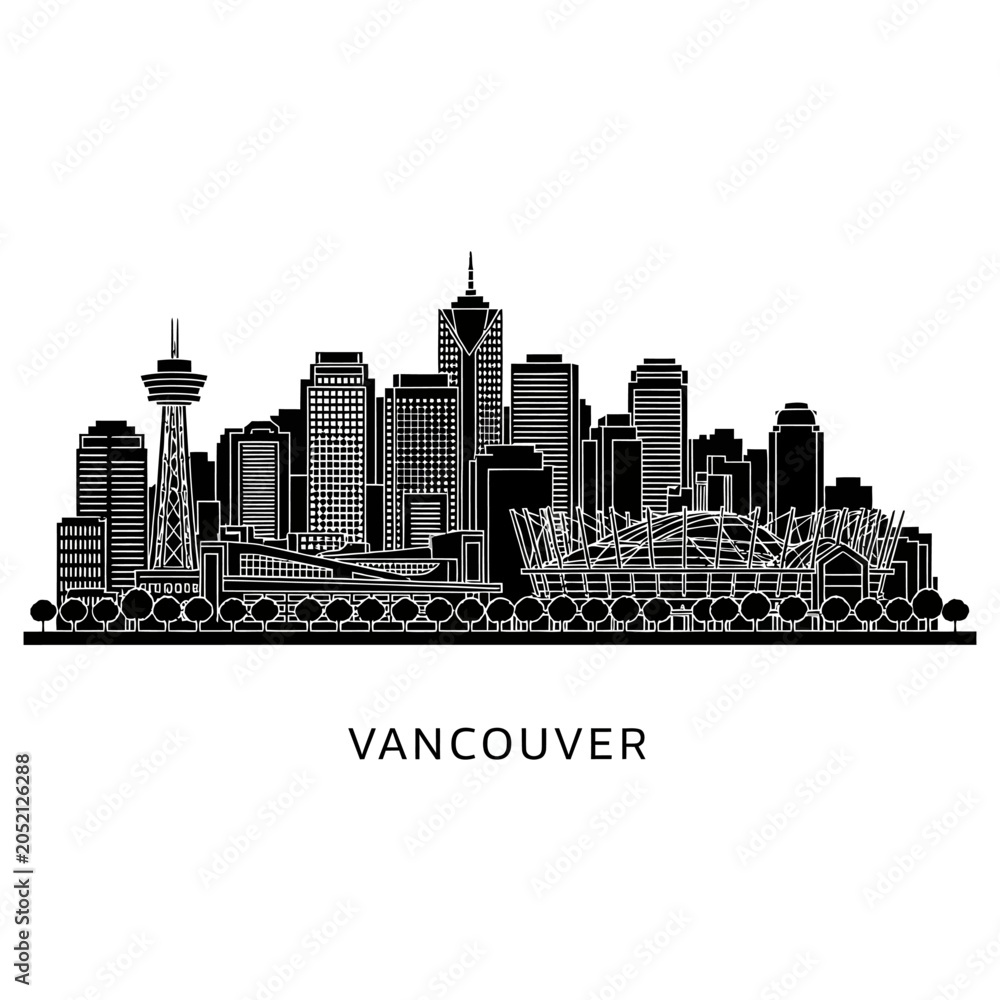 Fototapeta premium Vancouver Cityscape Silhouetted Against White Background