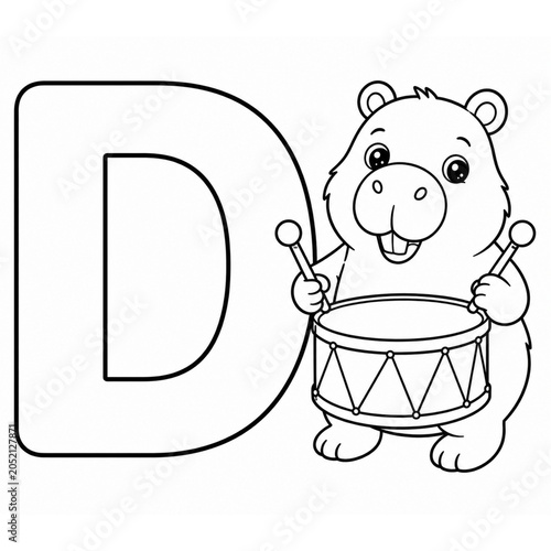 Alphabet D Featuring Adorable Capybara Holding Drum Coloring Book Page