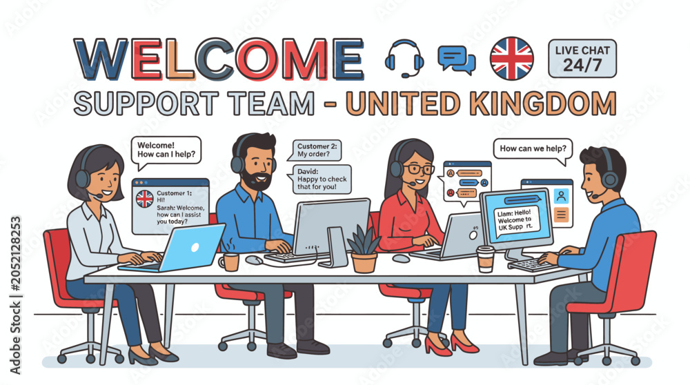 Naklejka premium Illustration of diverse support team in a meeting with laptops and speech bubbles in a UK office setting with a welcoming atmosphere.