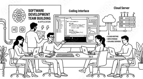 Line drawing of a diverse software development team collaborating on laptops around a table with coding interface and cloud server diagrams in the background.