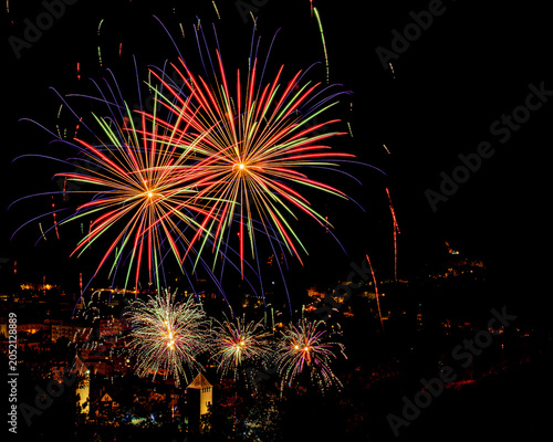 Colorful Fireworks Over Medieval Bridge In Cahors France