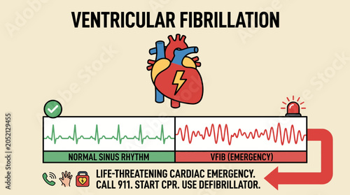 Bild auf Leinwand Ventricular Fibrillation Life Threatening Cardiac Emergency Diagram