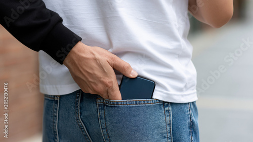 Pickpocket stealthily stealing a mobile phone from an unsuspecting person's back pocket, illustrating urban crime, security risks, and digital device theft issues