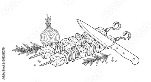 Hand drawn sketch of grilled shish kebabs on skewers with an onion bulb rosemary sprigs and a kitchen knife for food art.