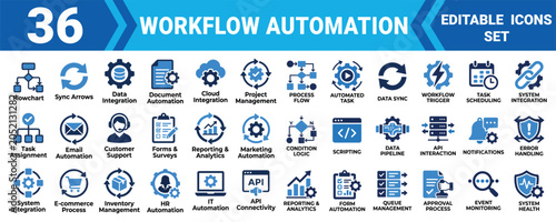 Workflow automation editable vector illustration mega pack 36 solid icons for business processes