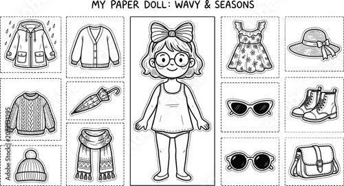 Obraz na płótnie Paper doll dress up game coloring page vector illustration with printable season