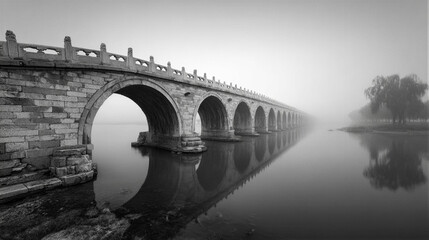B&W panorama of Lugou Bridge over misty river at dawn. Soft light, silky reflections, and ancient stone lions evoke solemn heritage. Perfect for tourism campaigns with negative copy space.
