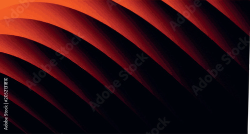 Abstract dark background with orange and red curved lines. Modern geometric 3D vector illustration with smooth overlapping wavy gradient shapes on black backdrop