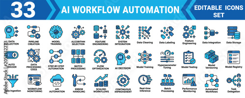 Ai workflow automation solid icon set collection 33 editable vector illustration mega pack for data science