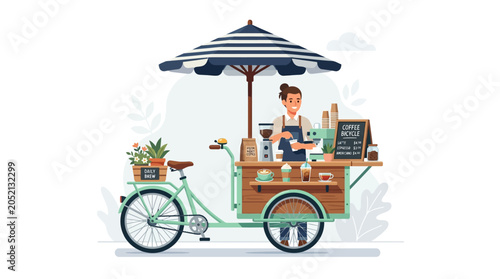 Smiling barista selling coffee from bicycle cart, illustration
