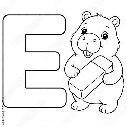 Alphabet E Featuring Adorable Capybara Holding Eraser Coloring Book Page