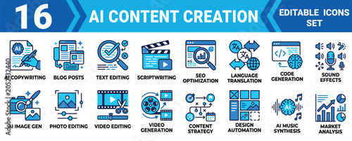 Ai content creation editable vector icons 16 solid icon set collection for digital design mega pack