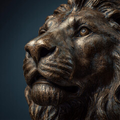 Low-angle bronze lion head macro with verdigris patina. Cinematic lighting highlights textures against a dark gradient background with copy space, ideal for cultural branding and tourism posters.