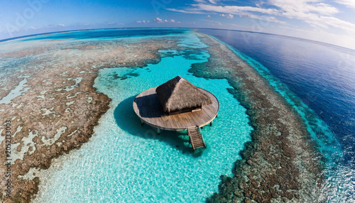 Aerial view of a secluded overwater bungalow in turquoise waters.