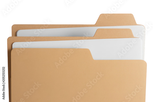 A stack of three manila paper file folders with white paper inserts, isolated on a black background, representing office organization