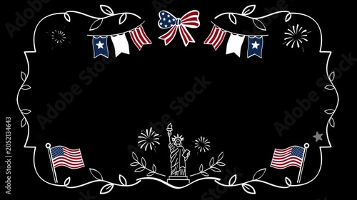 USA ornamental frame animation, ideal for Fourth of July, Independence Day, Memorial Day, Veterans Day, presentations, title screens, holiday promotions, and patriotic video backgrounds.