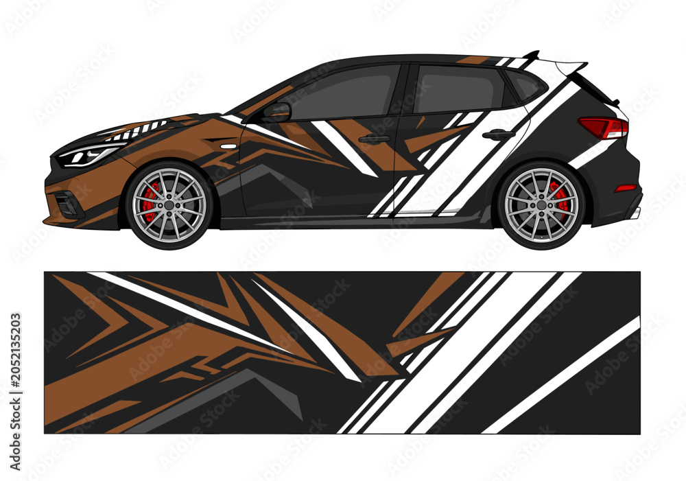 Obraz premium Brown and white sharp geometric hatchback car wrap.