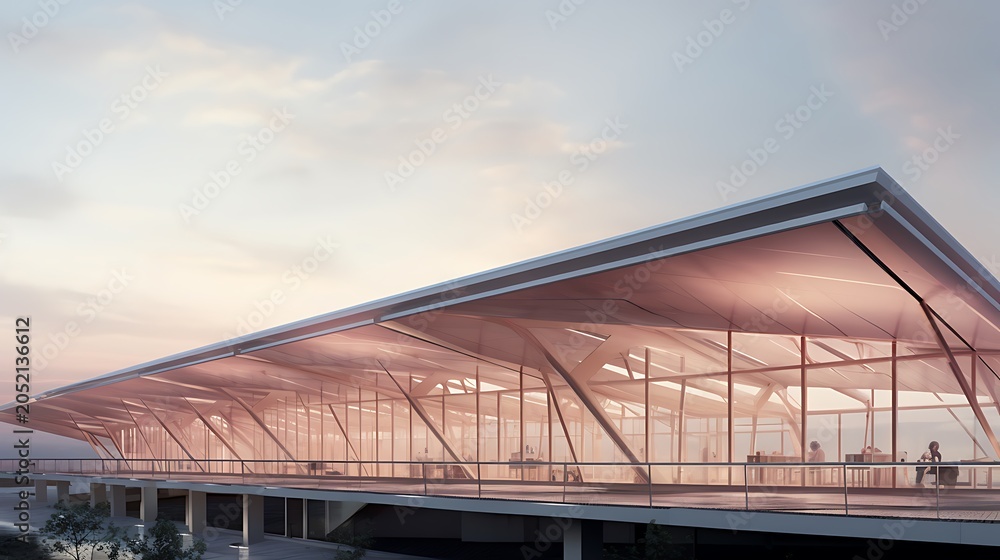 Fototapeta premium Modern Sloped Roof Community Center Building at Sunset with Glass Facade