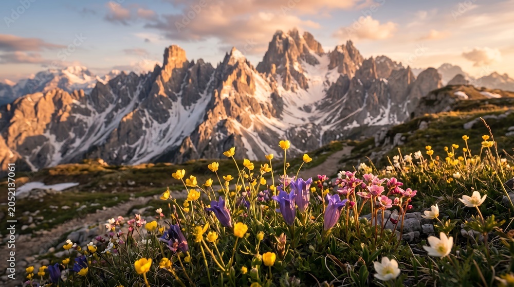 Fototapeta premium Colorful wildflowers in front of high mountains at sunset