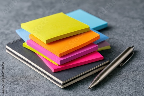 Colorful sticky notes stacked on a notebook with a pen on grey stone in a sharp focus macro shot for office productivity and education branding