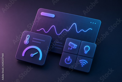 AI generated futuristic digital dashboard glowing analytics panels smart monitoring controls real time data visualization for advanced technology systems