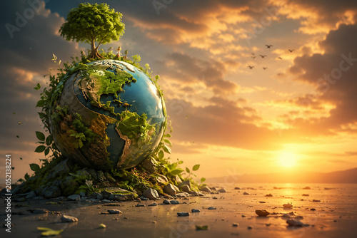 AI generated green planet thriving ecosystems trees natural growth symbolizing sustainability environmental protection biodiversity climate awareness global conservation