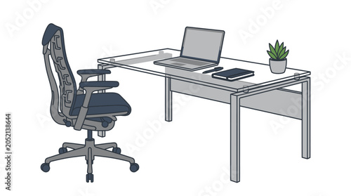 Modern Office Workspace Illustration: Ergonomic Chair and Desk with Laptop for Professional Business Environment