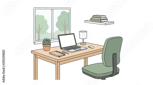Modern Home Office Workspace Illustration for Remote Work & Productivity. Professional Desk Setup with Laptop, Plant & Window View.