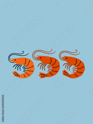 Orange Shrimp Trio Minimal Marine Illustration on Blue Background