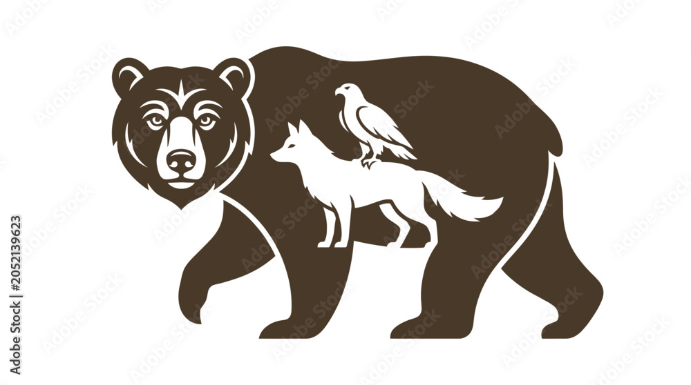Naklejka premium A minimal vector illustration featuring a brown bear silhouette containing a wolf and eagle design
