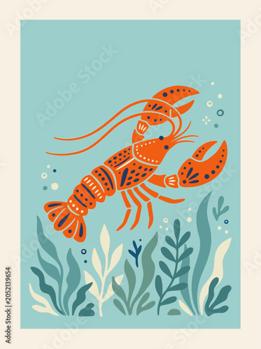 Orange Lobster with Seaweed Coastal Marine Illustration