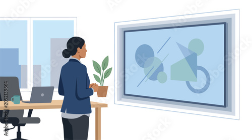 Professional Woman Presenting Digital Display in Modern Office | Business Technology & Workplace Solutions
