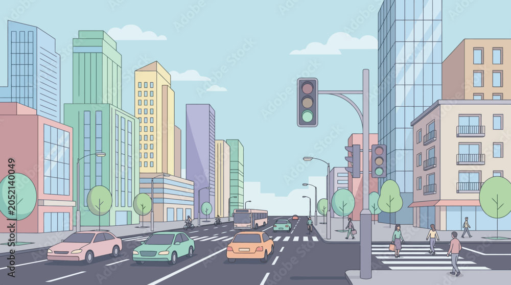 Obraz premium Cartoon city street scene with buildings, cars, traffic lights, and pedestrians