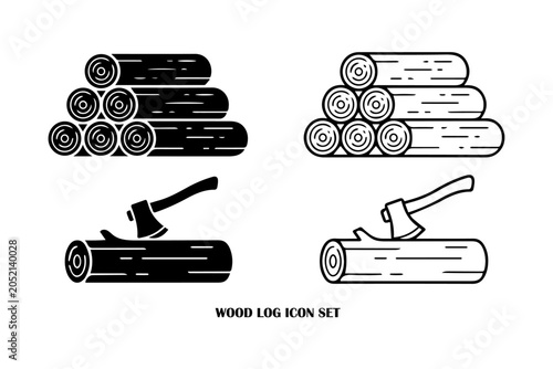 Tableau sur toile Wood log and axe icons set for forestry and logging with firewood forestry chopp