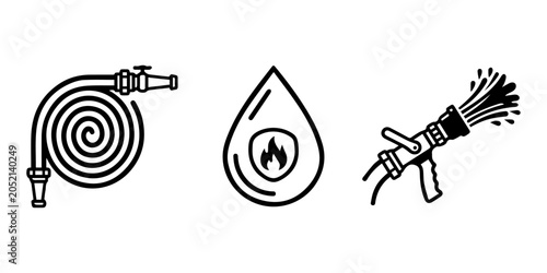 Foto Fire department equipment icons including fire hose and water nozzle with firefi