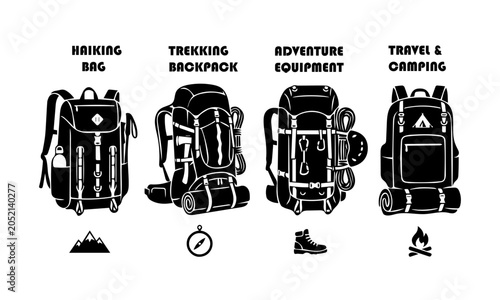 Vászonkép Set of travel backpacks and trekking adventure equipment icons with backpack tre