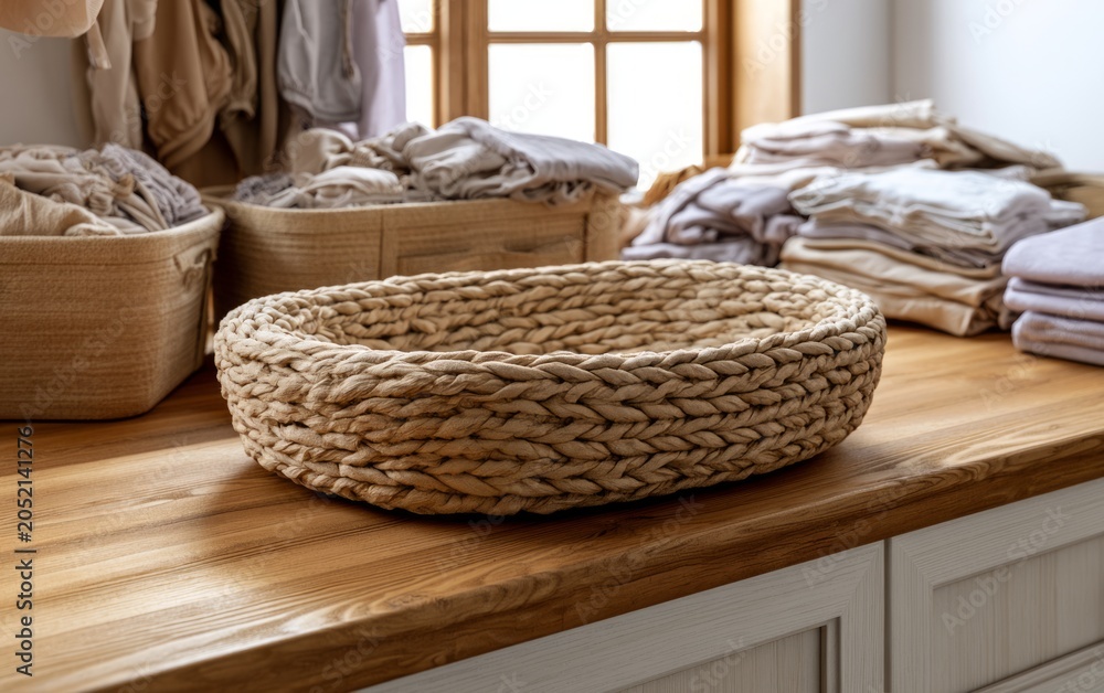 Obraz premium Cozy Nursery Corner with Woven Basket, Soft Textiles, and Natural Wood Finishes for Baby Care