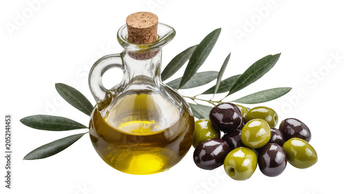 Fotografía Glass bottle of olive oil with green and black olives and leaves